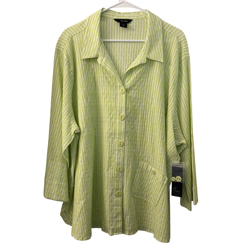 Ali Miles Womens 3X Lime Green Striped Textured Button Front Tunic Shirt‎ NWT